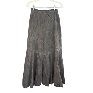 Early 2000s High Rise Grey Wash Denim Grunge Fit & Flare Maxi Skirt
